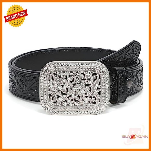 Genuine Leather Western Belt Silver Diamond Buckle Unisex Adjustable